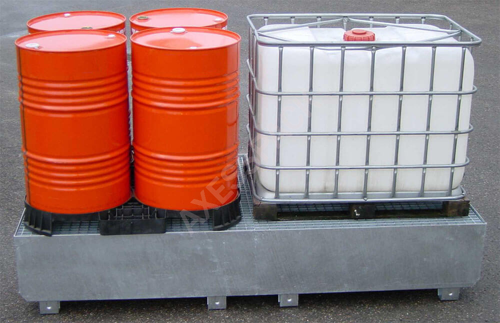 Bac de rétention 1000 L - acier galvanisé - Bi conteneur + Caillebotis galva